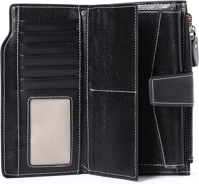 Women's Retro Long Wallet Genuine Leather RFID Blocking Large Capacity Clutch Purse in Brown (Black)