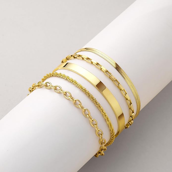 Dainty Thin Gold Bracelet for Women Stack, 14K Gold Plated Bracelet Stackable Set with Bangle Cuff, Box, Herringbone, Paperclip, Figaro, Sparkling Link Chains, Simple Waterproof Non Tarnish Minimalist Gifts for Women Trendy