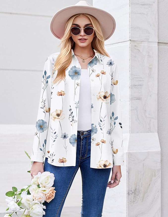 ZEAGOO Button Down Shirt for Women Long Sleeve Blouses Floral Printed Tops Business Casual Work Outfits S-XXL