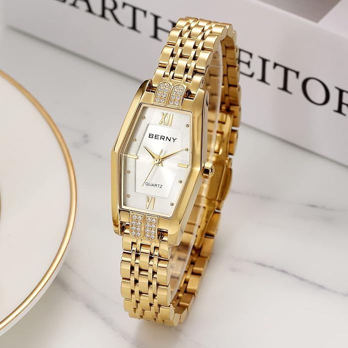 BERNY Gold Watches for Women Dainty Hexagon Ladies Quartz Wrist Watches Stainless Steel Band Fashion Analog Watch Luxury Bracelet