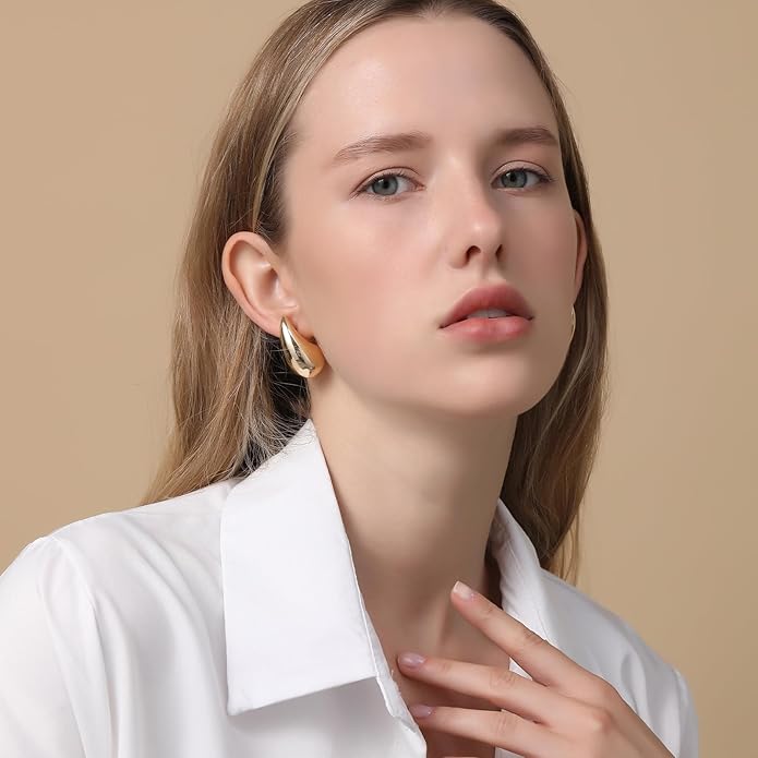 Apsvo Chunky 14K Gold Plated Hoop Earrings for Women, Lightweight Waterdrop Hollow Open Hoops, Hypoallergenic Dupes Earrings
