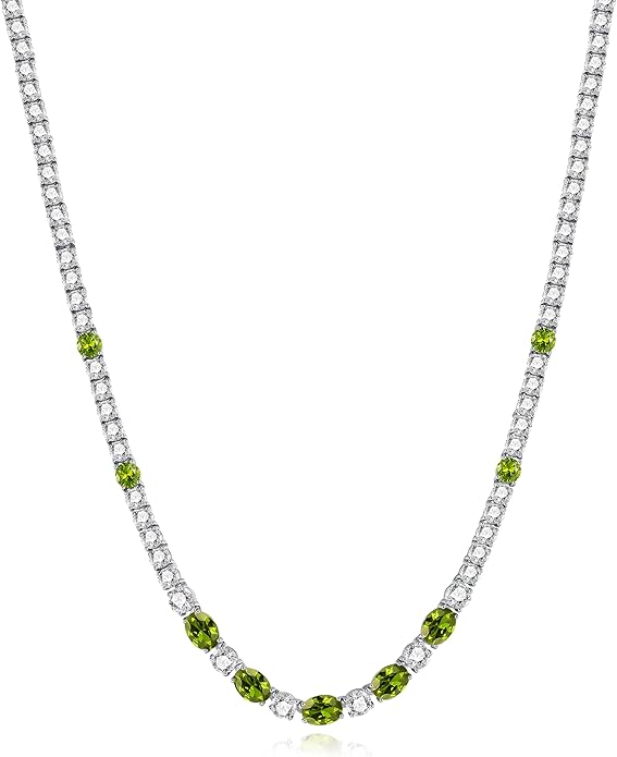 FANCIME Sterling Silver Tennis Necklace 4mm 18 inch Birthstone Necklace with 6 * 8mm Oval Gemstone Luxury Fine Birthday Jewelry Gifts for Women