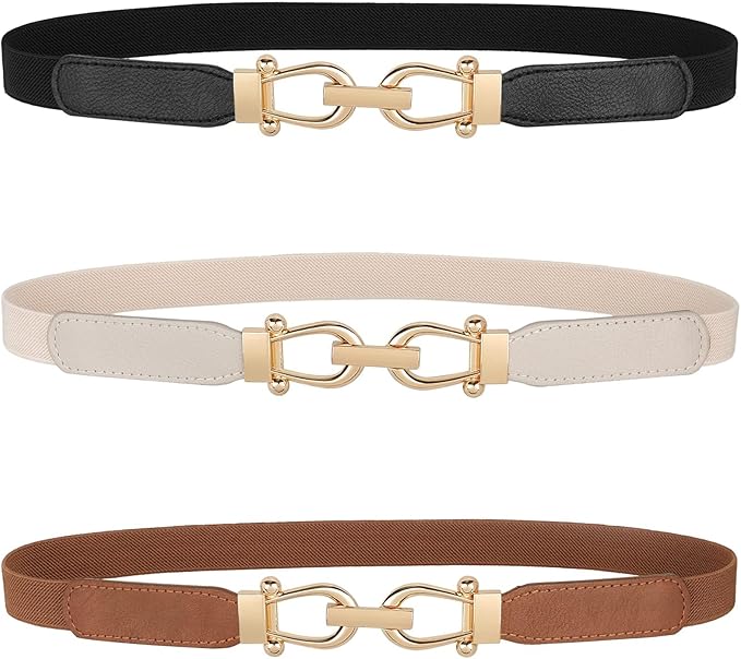 JASGOOD Women Skinny Elastic Belt for Dresses,Thin Retro Stretch Waist Belt with Golden Buckle