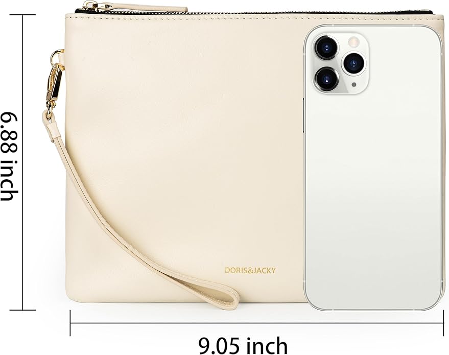 DORIS&JACKY Lambskin Leather Wristlet Clutch Purse for Women Soft Designer Slim Cell Phone Pouch Bag with Detachable Strap