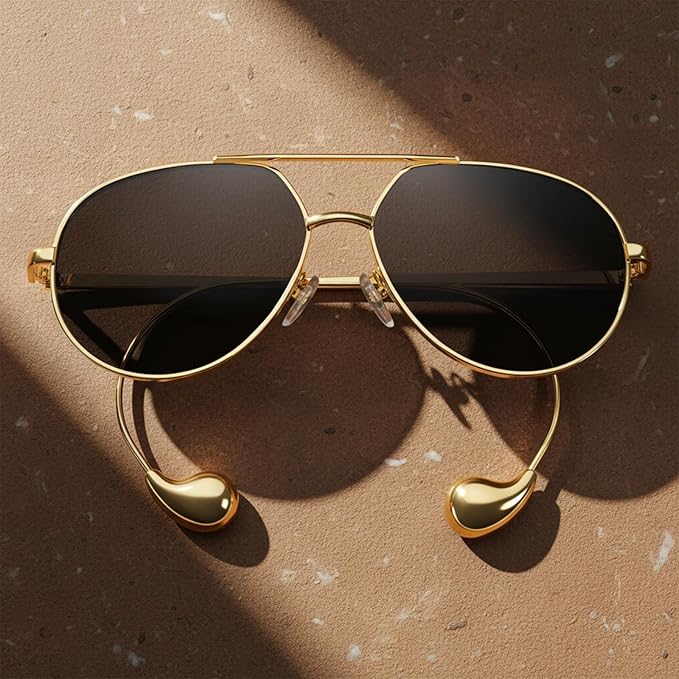 SODQW Trendy Aviator Sunglasses for Women with Earring Gold Metal Frame Fashion Sun Glasses