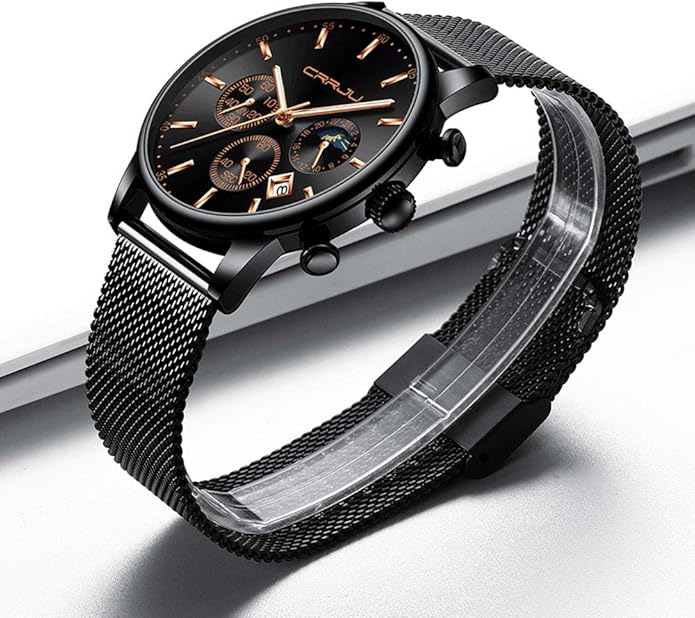 CRRJU Men's Fashion Casual Watches Auto Date Chronograph Watch Men Nice Work Watches Waterproof 30M Full Steel Quartz with Mesh Strap