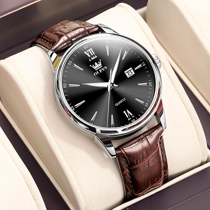 OLEVS Men Leather Watch,Mens Wrist Watches,Big Face Watches for Men,Leather Band Watches for Men,Day Date Watches for Men,Waterproof Watches for Men,Men Classic Watch,Reloj para Hombres