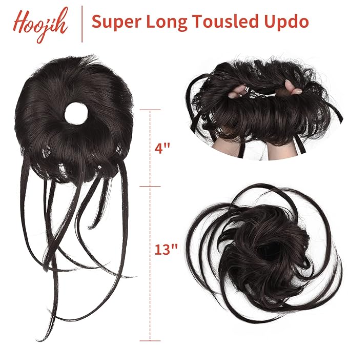 HOOJIH Messy Bun Hair Piece, Super Long Tousled Updo Hair Bun Extensions Wavy Wrap Ponytail Hairpieces Scrunchies with Elastic Band for Women HB007 Grace - Black Brown