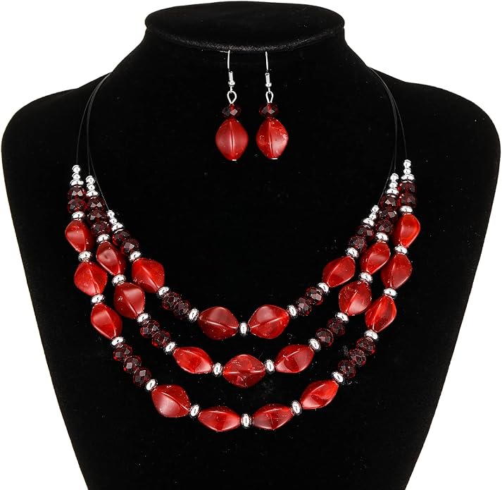 3 Layered Chunky Statement Necklace for Women Beaded Strand Necklaces with Earring Fashion Costumes Collar Necklace Jewelry Sets Gifts for Women