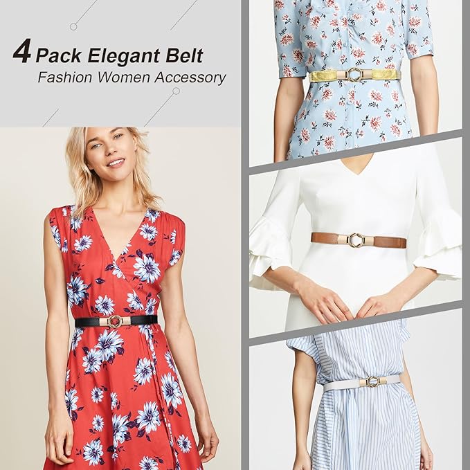 WERFORU Women Skinny Belt for Dresses Retro Stretch Waist Belt with Gold Buckle Set of 4