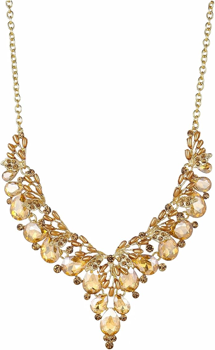Jewelry Set for Women, Statement Necklace Dangle Earrings Bracelet Ring, White/KC Gold Plated Jewelry Set with Rhinestone Pearl Crystal Wedding Party Jewelry for Bridal Bridesmaid