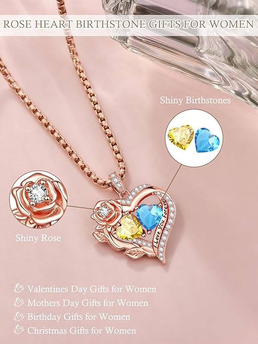 Rose Heart Necklaces for Women, Rose Gold Forever Love Jewelry with 2 Birthstones Pendant, Christmas Anniversarry Birthday Gifts for Her Wife Mom Grandma, 18+2 Inch Chain