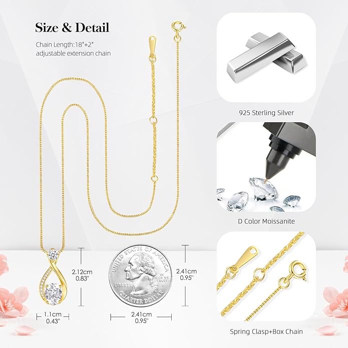 1.5CT Moissanite Infinity Pendant Necklace in Gift Box|Anniversary Wedding Gifts for Women Wife Her|S925 Sterling Silver 18K White Gold/Gold Filled|Jewelry for Birthday Christmas Valentines Day