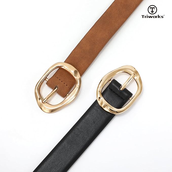 TRIWORKS 2 Pack Leather Belts for Women Fashion Waist Belt with Liquid Shapes Women Belt for Jeans Pants Dresses