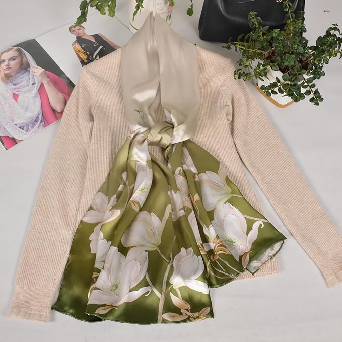 100% Mulberry Silk Scarf for Women Neck Oblong Headscarves Long Floral Print Lightweight Silk Wraps Shawls 67"*20"