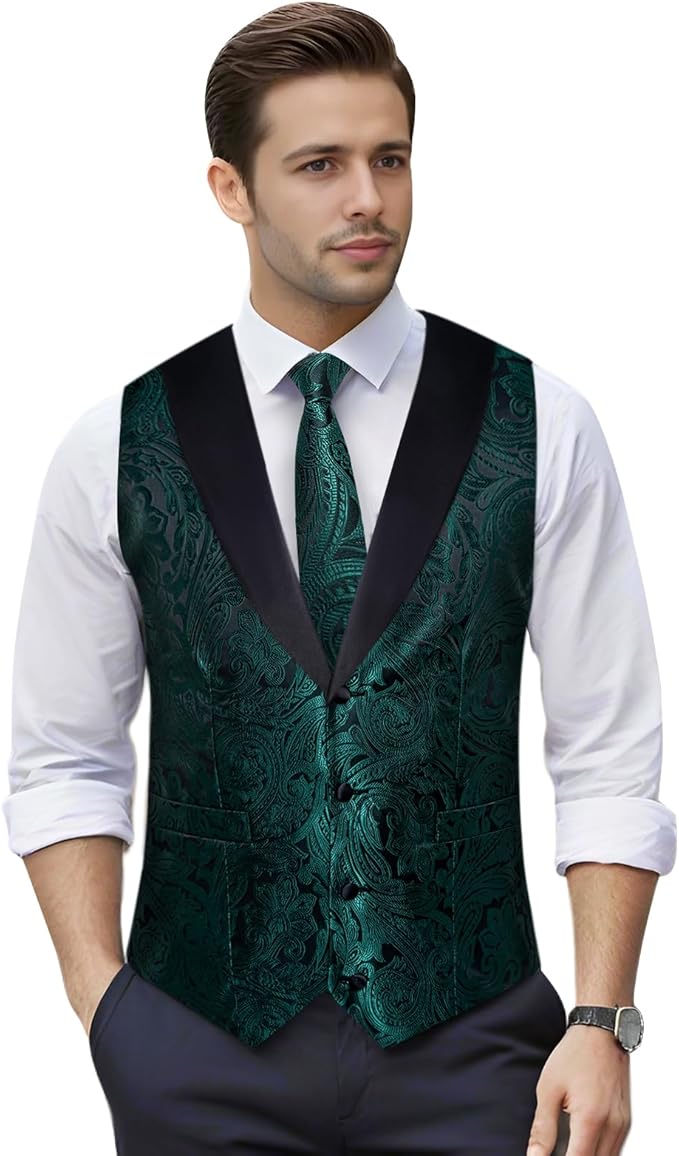 DiBanGu Mens Paisley Suit Vest Silk Jacquard Waistcoat and Necktie Set Formal Shawl Collar Dress Vest 7PCS for Wedding Party