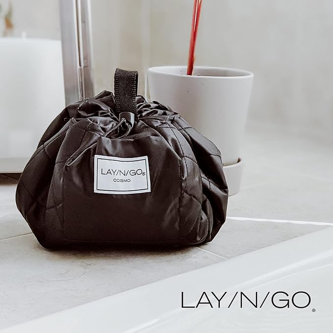 Lay-n-Go Cosmo Layflat Drawstring Cosmetic & Makeup Bag Organizer - Portable Drawstring Makeup Bag w/Zipper Pocket, Makeup Loops & More -Durable, Machine Washable Toiletry Bag (20", Metallic Silver)