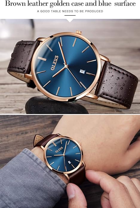 OLEVS Mens Watches Minimalist Ultra Thin Fashion Casual Analog Quartz Date Watch Waterproof Slim Simple Big Face Dress Wrist Watch Leather Band for Men