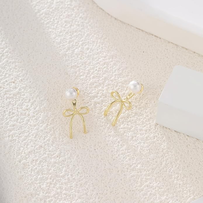 ASCOMY Gold Stud Earrings for Women - Dainty Bow 14K Gold/Silver Plated Pearl Earrings - Trendy Cute Ribbon Minimalist Jewelry Gifts for Her