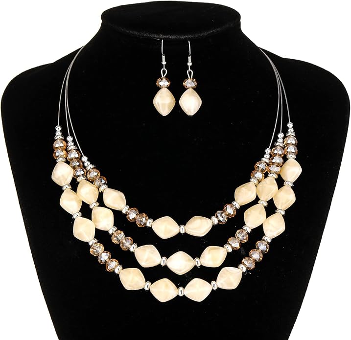 3 Layered Chunky Statement Necklace for Women Beaded Strand Necklaces with Earring Fashion Costumes Collar Necklace Jewelry Sets Gifts for Women