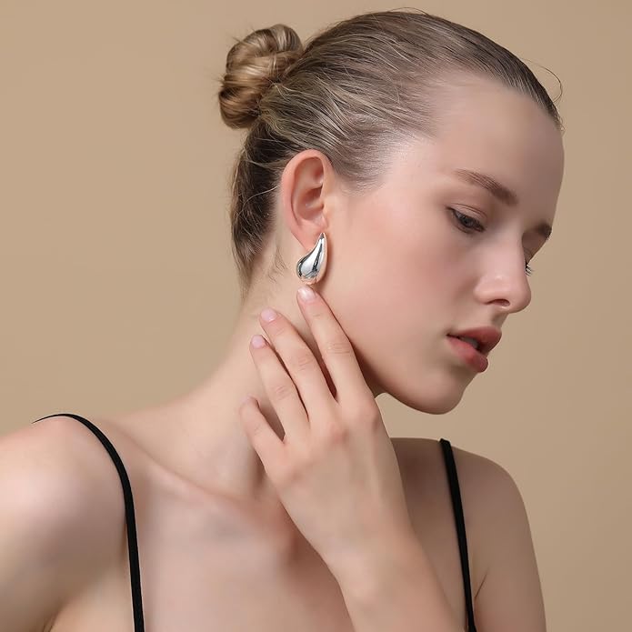 Apsvo Chunky 14K Gold Plated Hoop Earrings for Women, Lightweight Waterdrop Hollow Open Hoops, Hypoallergenic Dupes Earrings