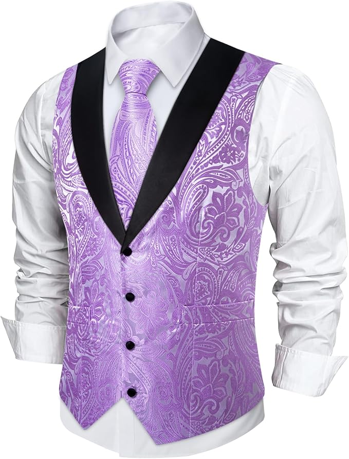 DiBanGu Mens Paisley Suit Vest Silk Jacquard Waistcoat and Necktie Set Formal Shawl Collar Dress Vest 7PCS for Wedding Party