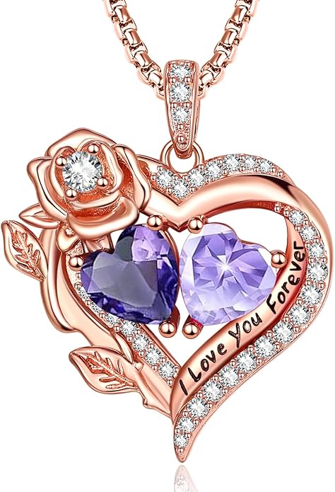 Rose Heart Necklaces for Women, Rose Gold Forever Love Jewelry with 2 Birthstones Pendant, Christmas Anniversarry Birthday Gifts for Her Wife Mom Grandma, 18+2 Inch Chain