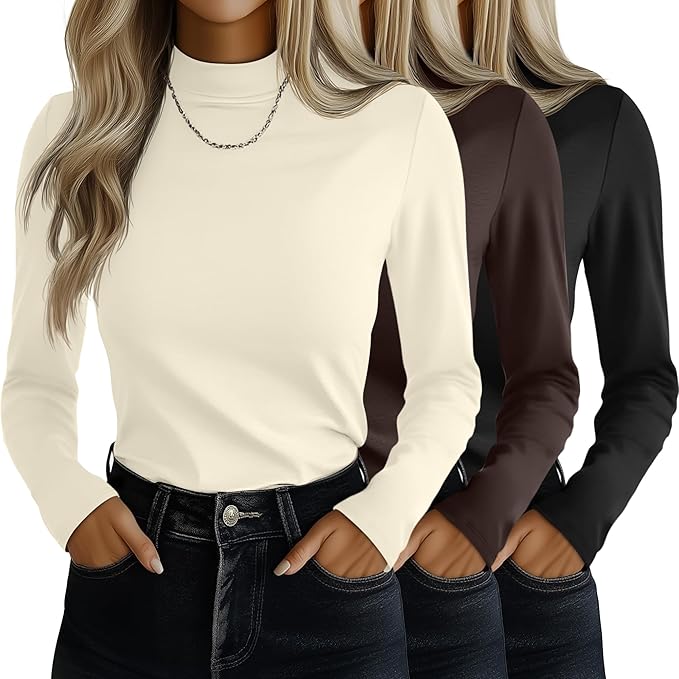 Ficerd 3 Pack Women's Mock Turtleneck Shirts, Long Sleeve Mock Neck Pullover Tops Slim Fitted Stretch Undershirt Tee Blouse