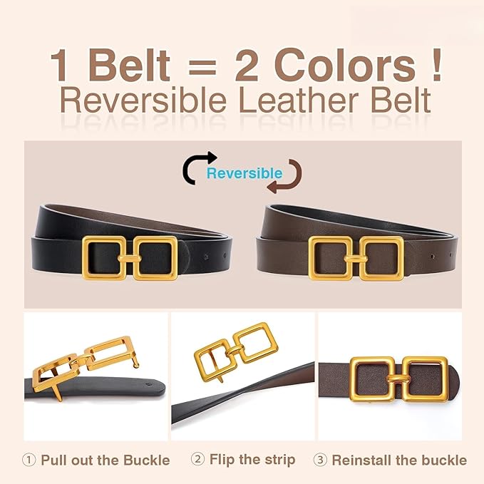 Reversible Genuine Leather Belt for Women - Gold Buckle for Jeans & Dresses