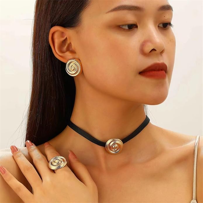 coadipress Spiral Earrings Necklace Sets for Women Geometric Round Swirl Statement Earrings Minimalist Trendy 14K Gold Plated Round Spiral Leather Necklace Bohemia Charm Jewelry