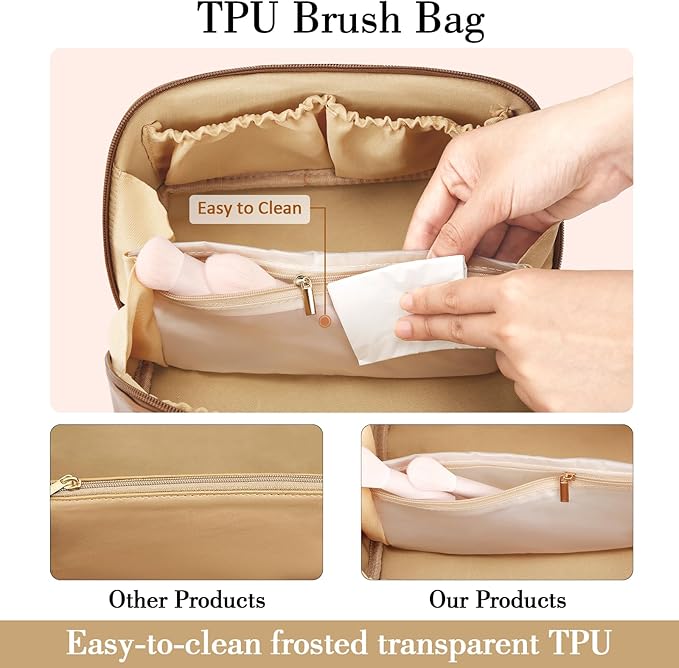 Birthday Gifts for Women Teen Girl, Personalized Initial Makeup Organizer Bag Set, Open Flat Travel Cosmetic Bag With Clear Divider and Handle(Brown,K)