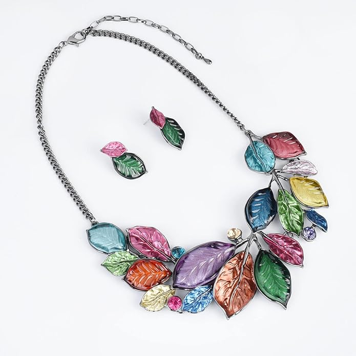 Vintage Statement Jewelry Set Leaf Floral Bohemian Boho Statement Necklace Earring Set Crystal Fashion Costume Jewelry