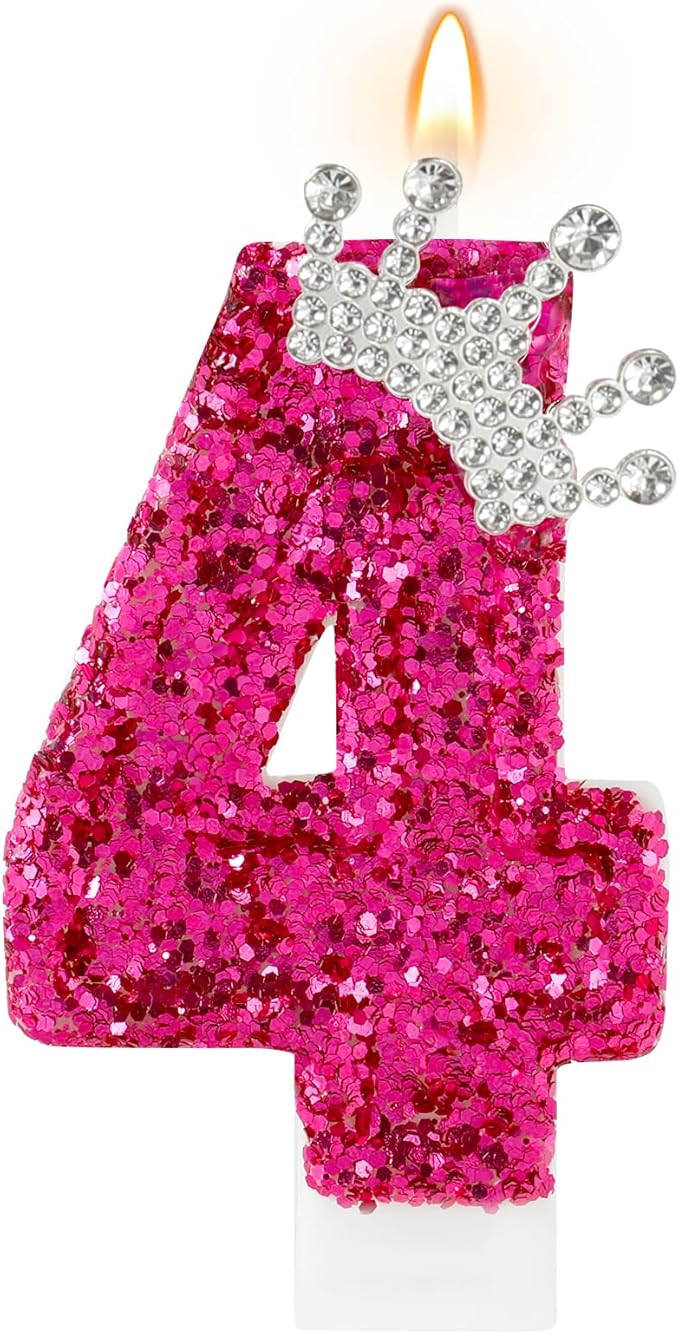 Hot Pink Birthday Candles Crown Number 4 Candle Birthday Party Decorations Cake Topper Cupcake Decor for Anniversary Celebrations Supplies