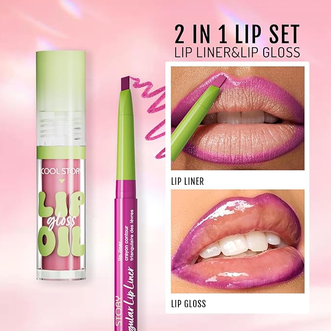 Purple Lip Liner Pink Lip Oil Gloss Click Clear Shimmer, Long Wear Makeup Fat Oil Set With Natural Oils for Nourishment, Moisturizing Lip Lipstick Gloss Lip Liner Pencil Combo Set