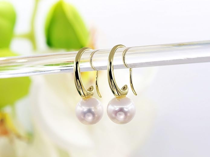 CHAULRI Minimalist Modern Sleek Cultured White Pearl Earrings 8-9mm Gold Plated Sterling Silver - Jewelry Gifts for Women