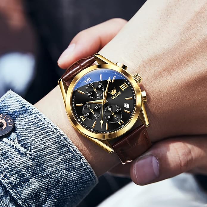OLEVS Men's Watches Brown Leather with Date,Casual Watches for Men,Large Face Watches Men,Chronograph Mens Watch,Sport Waterproof Business Dress Analog Quartz Men's Wrist Watches Reloj De Hombre