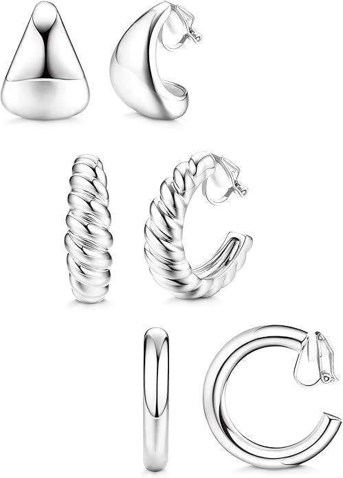 BESTEEL 3Pairs Clip on Earrings for Women Trendy Hypoallergenic 14K Gold Plated Chunky Tube Croissant Waterdrop Clip-on Hoop Earrings Set Fake Jewelry Non Pierced Ears