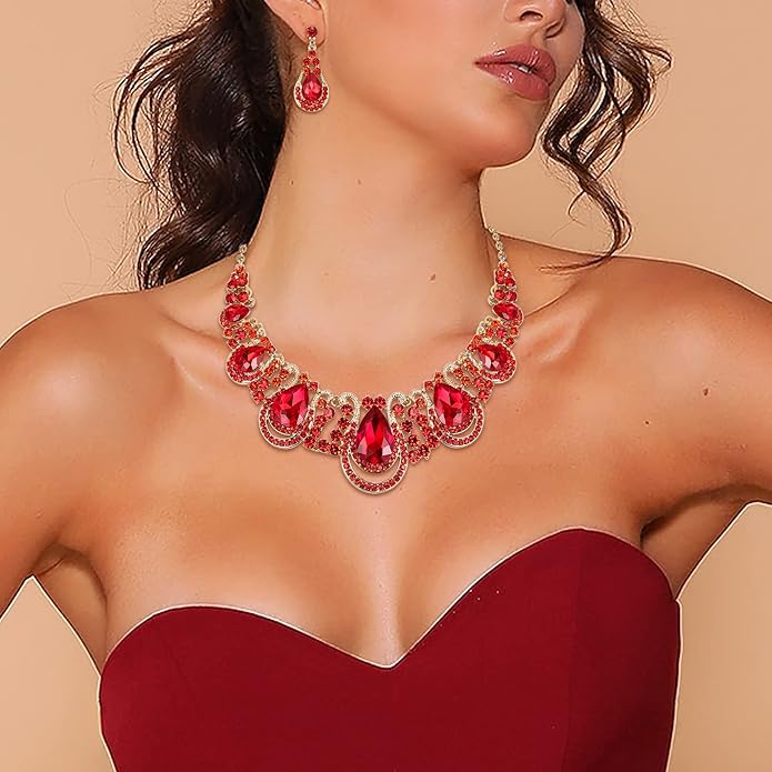 BriLove Women's Costume Fashion Crystal Teardrop Hollow Scroll Statement Necklace Dangle Earrings Set