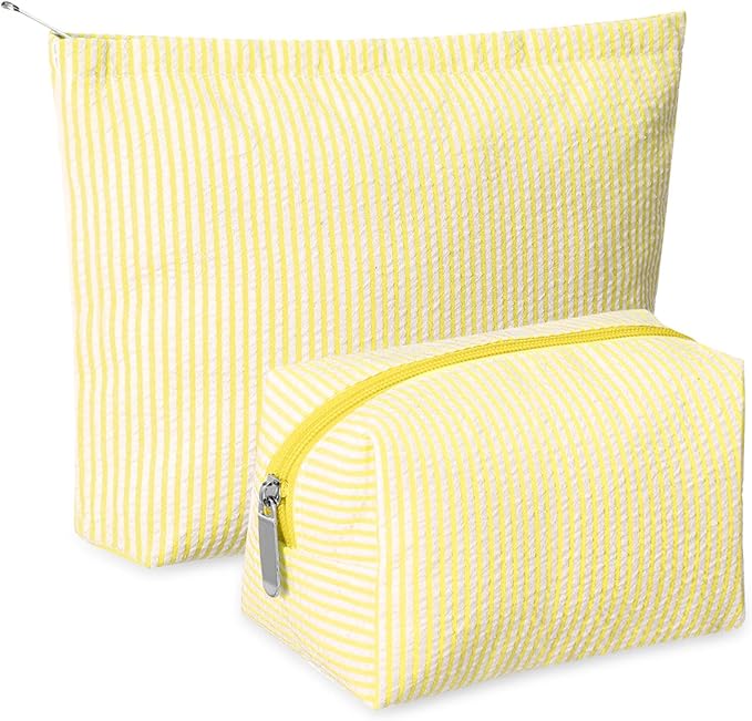 2 Pieces Makeup Bag Set Cute Cosmetic Pouch for Women Seersucker Travel Toiletry Bag Preppy Small Makeup Purse Pouch Aesthetic Skincare Brushes Storage Organizer for Christmas Women(Yellow)