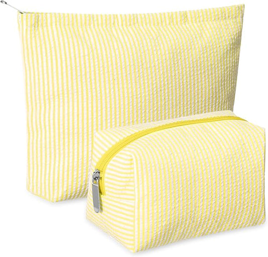2 Pieces Makeup Bag Set Cute Cosmetic Pouch for Women Seersucker Travel Toiletry Bag Preppy Small Makeup Purse Pouch Aesthetic Skincare Brushes Storage Organizer for Christmas Women(Yellow)
