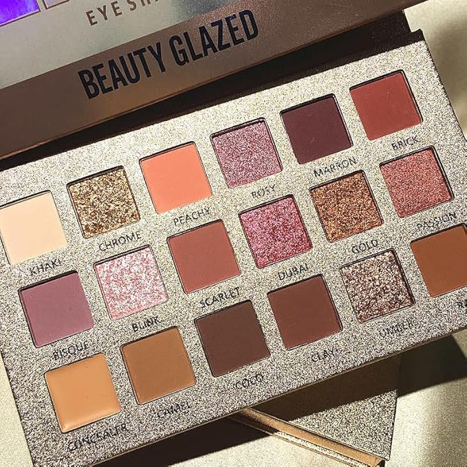 18 Color Natural Eyeshadow Palette – Soft Matte Shimmer & Glitter Finish with Built-In Concealer Shade – Ultra-pigmented Blendable Mauve Brown Nude Eyeshadow Palette, Cream Eyeshadow for Older Women