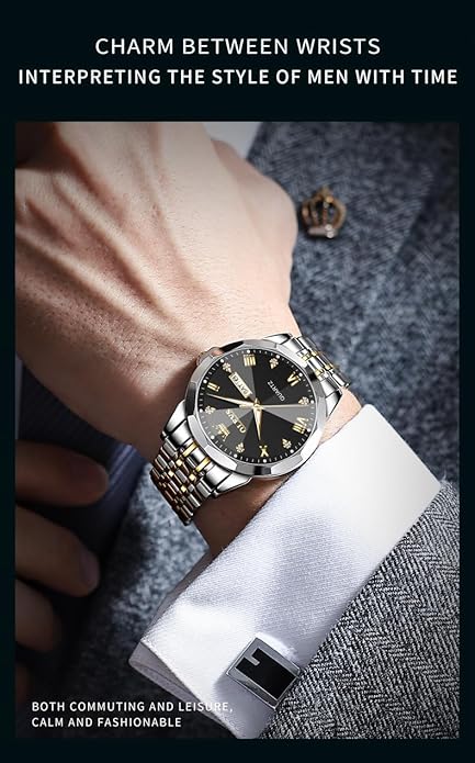 OLEVS Mens Watch Stainless Steel Analog Quartz Watches for Men Day Date Easy Read Diamond Waterproof Dress Luxury Classic Casual Big Face Blue/Black/Gold/Silver Roman Arabic Numerals Men's Wrist Watch