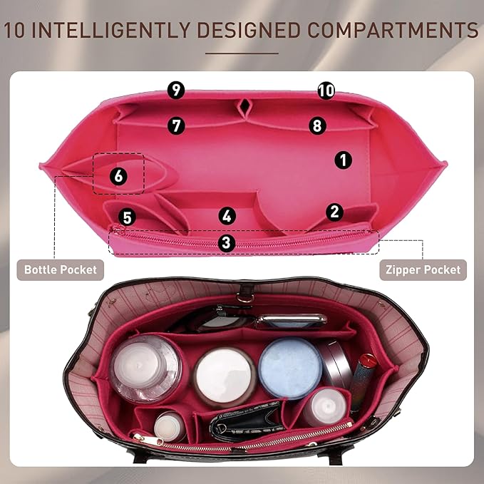 Doxo Purse Organizer Insert & Base Shaper 2pc Set, Felt Handbag & Tote Bag Fit L Speedy 35 Nererfull MM More(L-Rose)