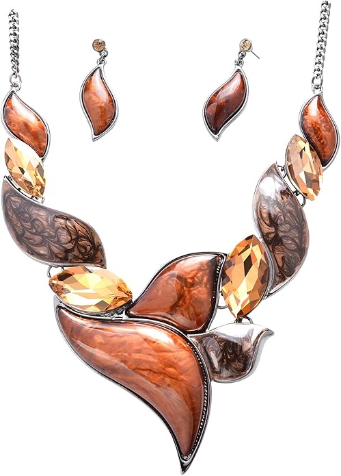 Retro Women's Crystal Floral Petal Leaf Chunky Statement Necklace and Earrings Set Party Jewelry