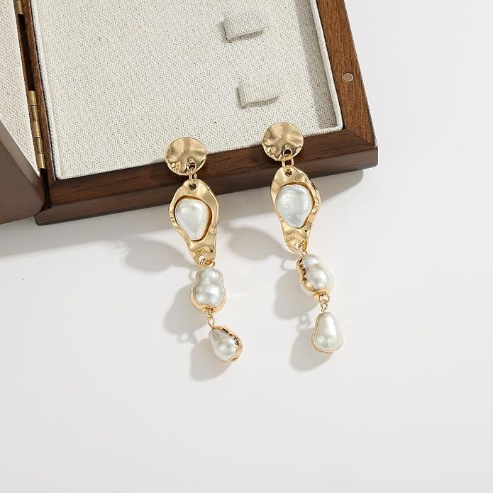 Statement Pearl Dangle Earrings,Gold and Large Pearl,Luxury Chandelier Organic Style Earrings