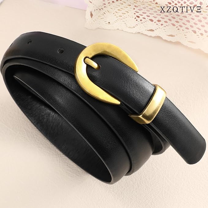XZQTIVE Women Skinny Leather Belts for Jeans Dress Pants Fashion Ladies Thin Black Waist Belt with Gold Buckle