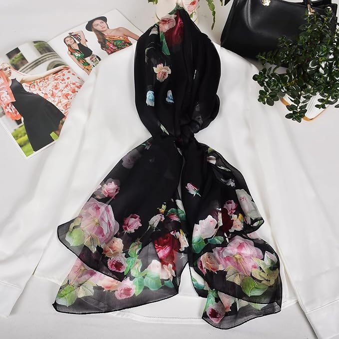 100% Mulberry Silk Women's Neck Silk Scarf-Lightweight Shawl,FLoral Print Beach Silk Wrap-Scarves for Photography