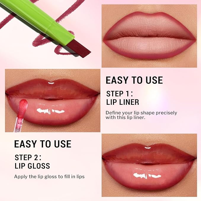 Pink Lip Liner Lip Oil Gloss Click Clear Shimmer, Long Wear Makeup Fat Oil Set With Natural Oils for Nourishment, Moisturizing Lip Lipstick Gloss Lip Liner Pencil Combo Set