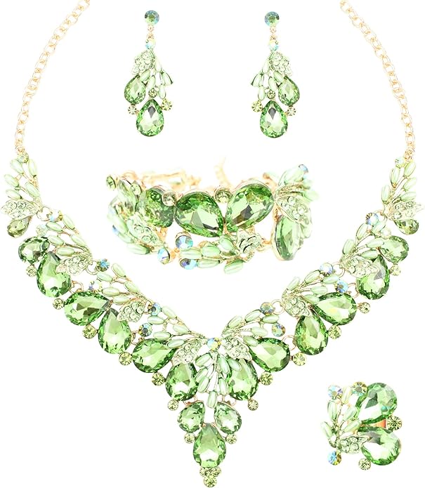 Jewelry Set for Women, Statement Necklace Dangle Earrings Bracelet Ring, White/KC Gold Plated Jewelry Set with Rhinestone Pearl Crystal Wedding Party Jewelry for Bridal Bridesmaid