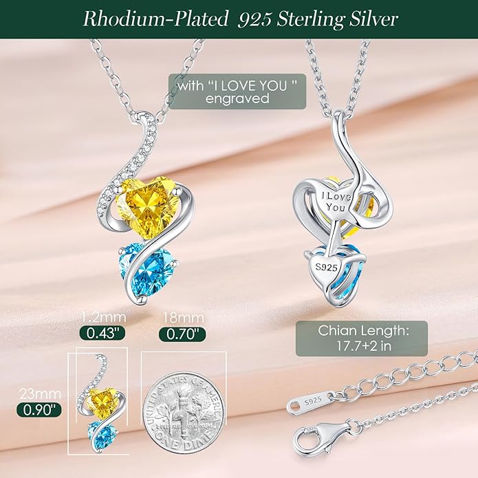 LOUISA SECRET Unique Double Heart Necklace Gifts for Wife Women, 925 Sterling Silver Tiny Birthstone Pendant Jewelry Gift for Her Girlfriend Mom Valentine's Day Anniversary Mother's Day Birthdays & Christmas
